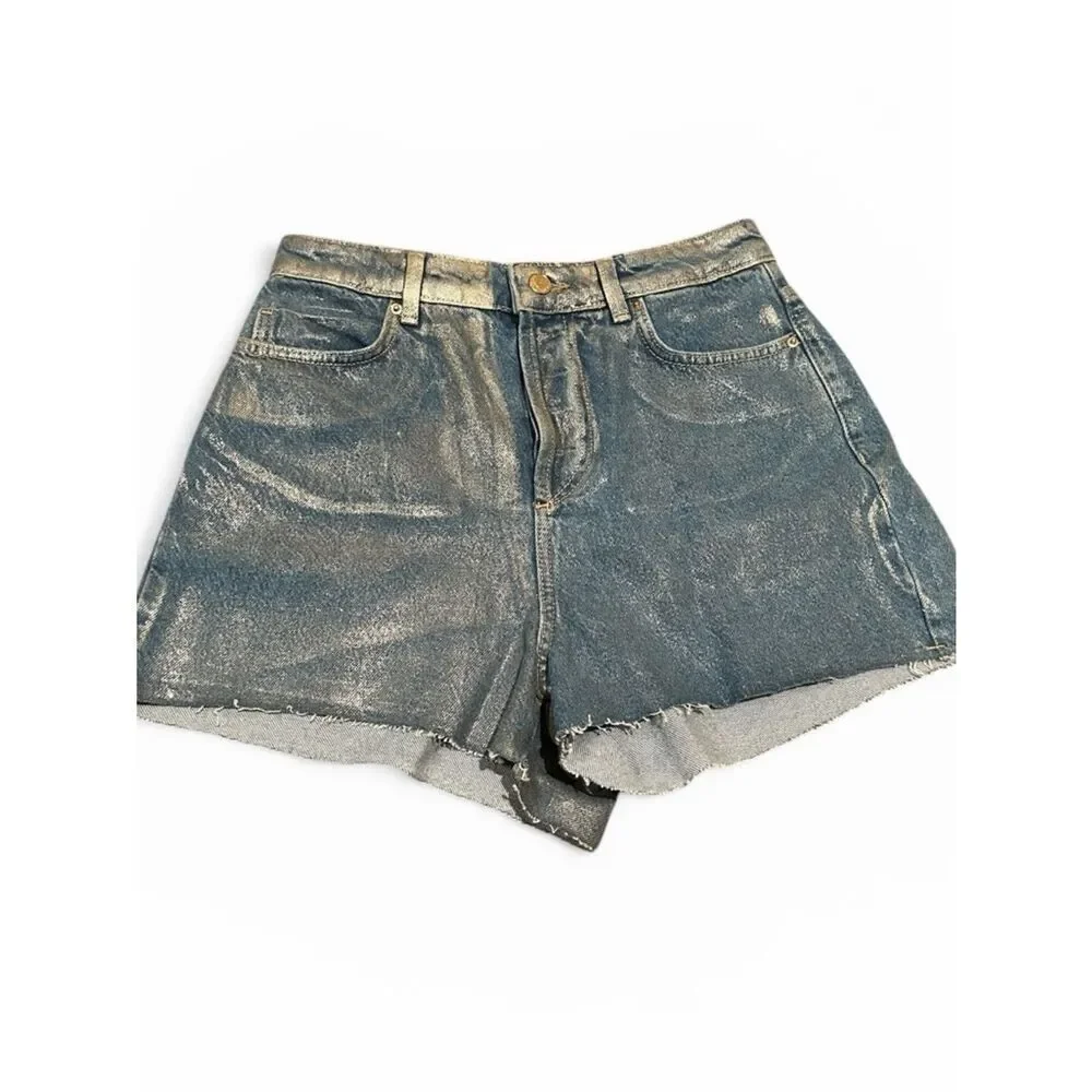 ZARA high-waist foil waxed denim shorts Size 6 NWOT